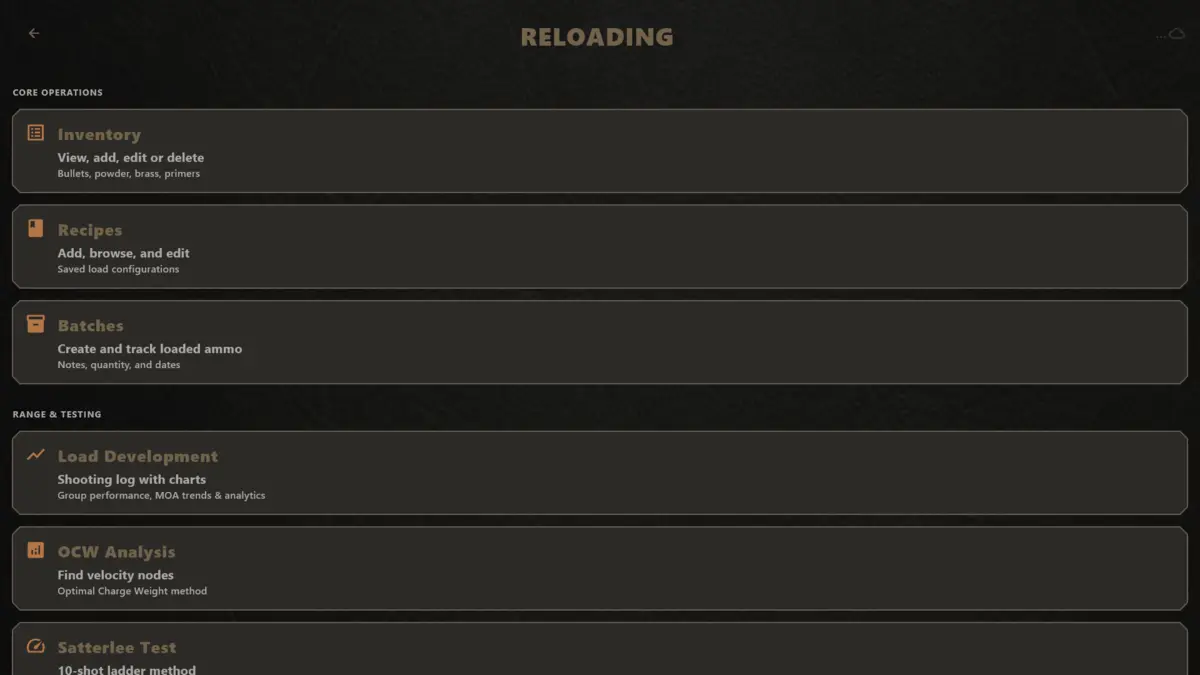 The Load'Em reloading screen showing inventory, recipes, batches, load development, OCW analysis and Satterlee test