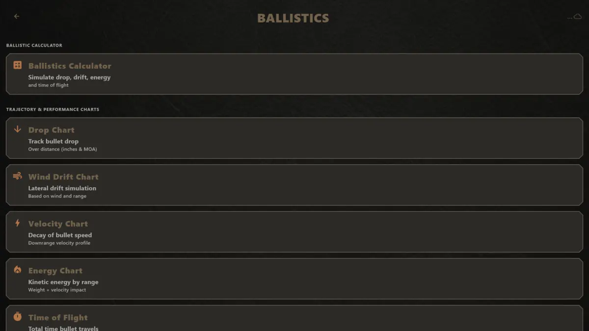 The Load'Em ballistics screen showing the calculator and chart tools